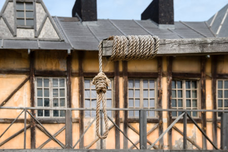 Moscow region, Film City Piligrim Porto, August 5, 2020: Empty scaffold with a place for execution and wooden gallows. Architecture houses of the European middle ages, Wooden scenery of the old city for filming feature filmsのeditorial素材