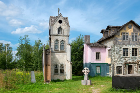 Moscow region, Cinema town Piligrim Porto, August 5, 2020: Wooden scenery of the old city for filming feature filmsのeditorial素材