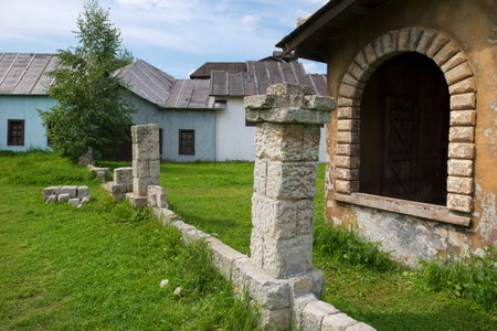 Moscow region, Cinema town Piligrim Porto, August 5, 2020: Wooden scenery of the old city for filming feature filmsのeditorial素材