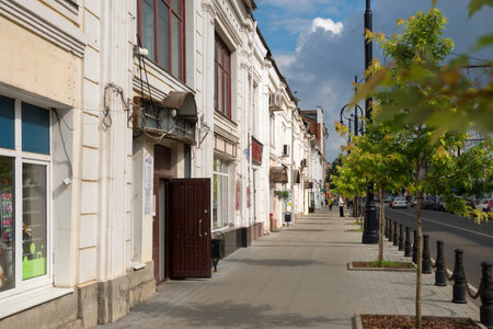RYBINSK, RUSSIA / AUGUST 15,2020: View of the street in center of Rybinsk town, Krestovaya streetのeditorial素材