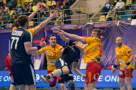MOSCOW, RUSSIA - 30 MARCH, 2021. Dynamo Stadium. Handball match of 1/8 finals of the men's handball Europa League between CSKA (Moscow.Russia) and Gog (Denmark)のeditorial素材