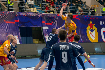 MOSCOW, RUSSIA - 30 MARCH, 2021. Dynamo Stadium. Handball match of 1/8 finals of the men's handball Europa League between CSKA (Moscow.Russia) and Gog (Denmark)のeditorial素材