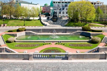 Moscow, Russia - May 10, 2021: Monument to the Russian Emperor Alexander II, opened in 2005 in Moscow in the park between Volkhonka street, Vsekhsvyatsky passage and Prechistenskaya embankment near the Cathedral of Christ the Saviorのeditorial素材