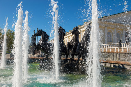 Moscow, Russia - 10 May 2021: Fountain Four Seasons, was established in 1996. Moscow architecture and landmark, Moscow daytime cityscape. Large fountain on Manezh Square in the historical center of Moscowのeditorial素材