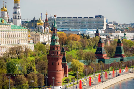 Aerial view of the Moscow Kremlin, the Moskva River and the Kremlin embankment on a spring dayの写真素材