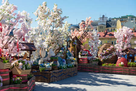 Square near the Temple decorated with flowers and figures for Easterの写真素材