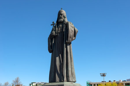 Moscow, Russia - May 10, 2021: Monument to Patriarch Tikhon on the terrace near the Church of the Resurrection of Christ in Moscowのeditorial素材