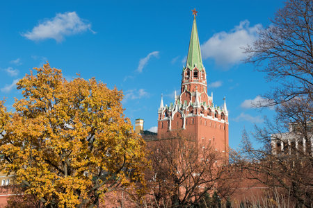 View of the Aleksandrovsky Garden on an autumn day- a park in the Tverskoy district of Moscow,...