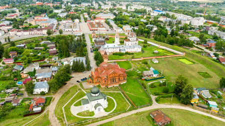 Aerial view of the Yuryev Kremlin, the city of Yuryev-Polsky, one of the oldest cities in the Moscow region, from a drone. Vladimir region, Russiaの素材 [FY310189437891]