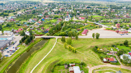 Aerial view of the city of Yuryev-Polsky, one of the oldest cities in the Moscow region, from a drone. Vladimir region, Russiaの写真素材