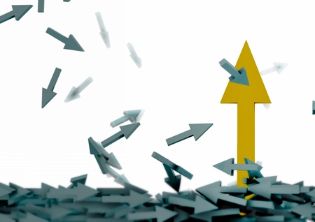 Yellow arrow pushes flow gray arrows on white bakground