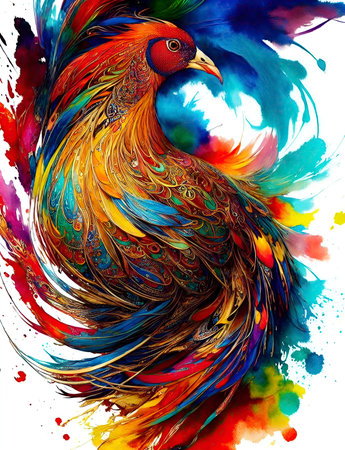 Bright multicolor painting. Portrait of an abstract bird with an expressive look on an abstract background. Freedom of outlook and dreams of mankind. computer graphic. artificial intelligence.の素材