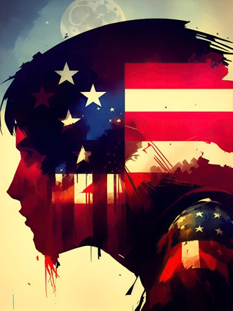 computer graphic. artificial intelligence. Double exposure abstract teenager portrait with american flag. History and Freedom of Outlook. american dream. Freedom of speech and democracy.の素材