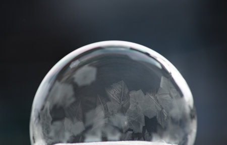 A transparent soap bubble freezing in the cold on a dark background.