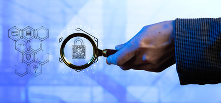 CG tech collage. A hand holds a magnifying glass on a light technological background with database...