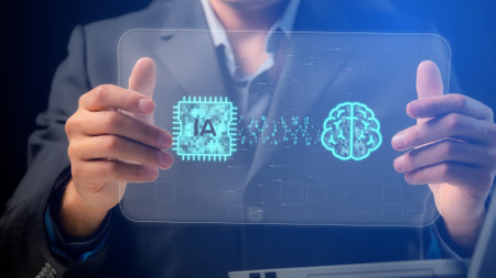 CG tech collage. A business coach holds a transparent demonstration screen with a miniature of a...