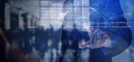 CG tech collage. Dark background with a silhouette of a business man and a crowd with a world map...