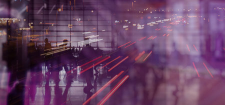 people in a waiting room and an overlay of translucent skyscrapers over a highway in deep blur with...