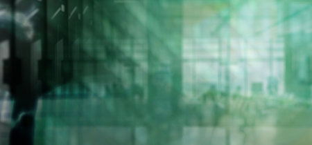 Tech city background with people and hustle and bustle in a waiting room in deep blur with green...
