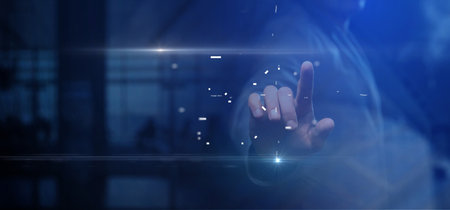 A man reaches out to an AI against an office background in a dark blue color correction.