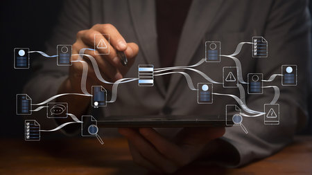 Cg icons with symbols of accumulation and exchange of information above a tablet in the hands of a...
