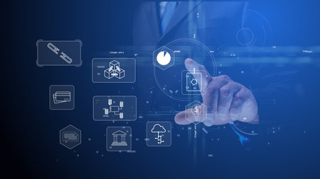 global business with blockchain technology in the financial sector against the backdrop of a person...