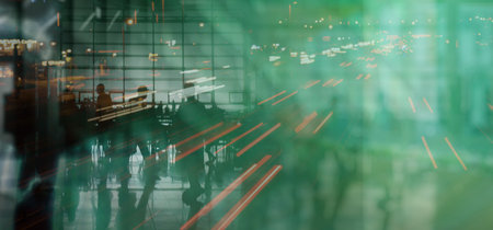 people in a waiting room and an overlay of translucent skyscrapers over a highway in deep blur with...