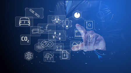 symbols related to the problem of decarbonization of life on the planet and business with blockchain...