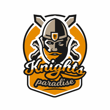 Logo on the warrior. The face of a bearded man in a medieval helmet and swords cross. Hero, barbarian, defender of the castle knight, paladin. Badges shield, lettering. Vector illustration.のイラスト素材