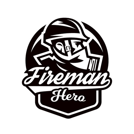Monochrome logo, emblem, fireman in a gas mask.のイラスト素材