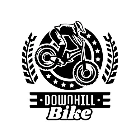 Monochrome logo, mountain bike racer. Downhill, freeride, extreme sport. Vector illustration.のイラスト素材
