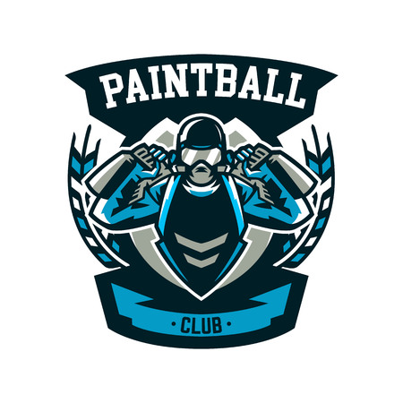 A Logo, emblem, a person playing paintball holds two guns. Team game, ammunition, shooting range, war. Vector illustrationのイラスト素材