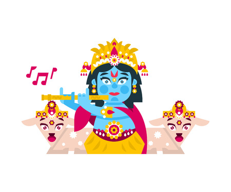 Lord Krishna sitting in the lotus position, in jewelry, plays the flute in goats environment. Music, deity, animals. Vector illustration. Flat style.のイラスト素材