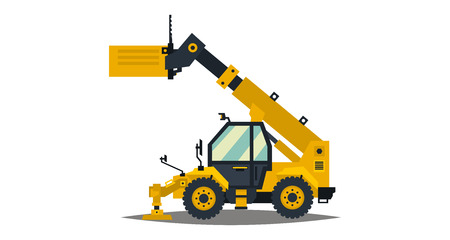 Yellow telehandler. Isolated on white background. Special equipment. Construction machine. Commercial Vehicles. Vector illustration. Flat styleのイラスト素材