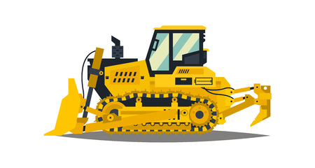 Bulldozer. Tracked vehicles, tractor. Yellow, isolated on white background. Plowman, digger. Vector illustration.のイラスト素材