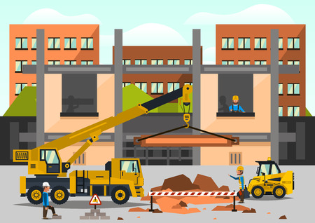 Construction site. Staff working on the construction on the background of the city. Crane car, truck. Dripping, lift, dragged. Work tool. Business, special equipment. Vector illustrationのイラスト素材