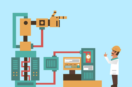 Robotic system, advanced technology, information graphics. Engineer, Professor at work. The production process. Computer, electronics, wires robot arm tentacles Vector illustrationのイラスト素材