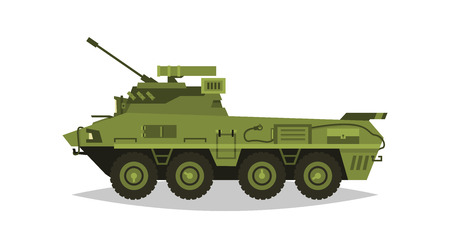 Armored infantry vehicle. Exploration, inspection, optical review, armor, protection, gun, ammo. Equipment for the war. The attack on the enemy. Heavy trucks, all-terrain vehicle. Vector illustration.のイラスト素材