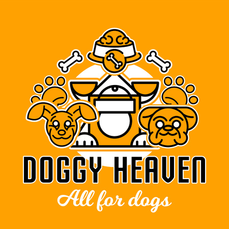 Vector illustration on the theme of dogs. Heads of dogs made in a line style. Kennel for the dog, food bowl, bone, paw trail. Flat styleのイラスト素材