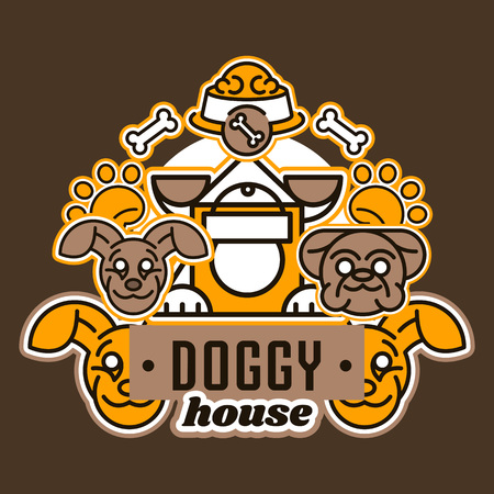 Vector illustration on the theme of dogs. Heads of dogs made in a line style. Kennel for the dog, food bowl, bone, paw trail. Flat styleのイラスト素材