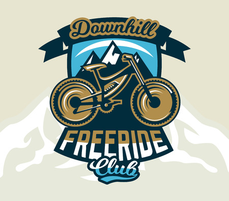 Logo mountain bike. The emblem of the bicycle and the mountains. Extreme sport. Freeride, downhill, cross-country. Badges shield, lettering. Vector illustration.のイラスト素材