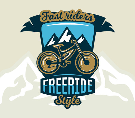 Logo mountain bike. The emblem of the bicycle and the mountains. Extreme sport. Freeride, downhill, cross-country. Badges shield, lettering. Vector illustration.のイラスト素材