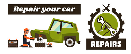 Horizontal banner template on car repairs. Repair logo, hand holding a wrench. The car and remove a wheel. Mechanic restores the braking system of the car. Vector illustration. Flat styleのイラスト素材