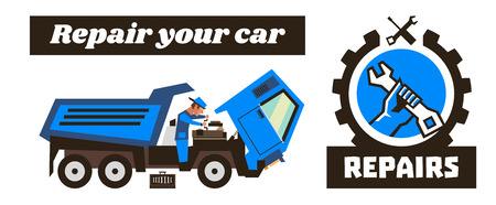 Horizontal banner template on car repairs. Repair logo, hand holding a wrench. Auto mechanic examines the engine. The cab of the machine tilted. Vector illustration. Flat styleのイラスト素材