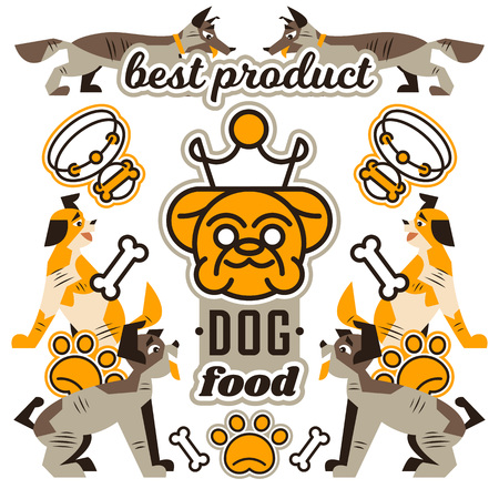 Vector illustration on the theme of food for dogs. Logo English bulldog with a crown. Isolated objects on the background. Collar, pets, bone, paw trail. Flat styleのイラスト素材