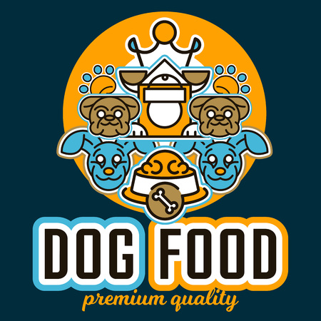 Vector illustration on the theme of food for dogs. Images of animals faces, different breeds of dogs, kennel, trace of legs, crown. Flat style, line art.のイラスト素材