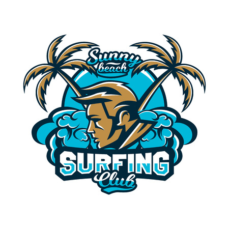 Colorful logo, emblem surfer on a background of waves, prints on T-shirts, vector illustration.のイラスト素材