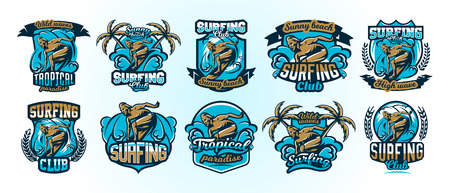 A collection of colorful logos, emblems, labels surfer drifts on the waves, stylish lettering, set of printing on T-shirts. Beach, waves, palm trees, tropical island. Vector illustration.のイラスト素材
