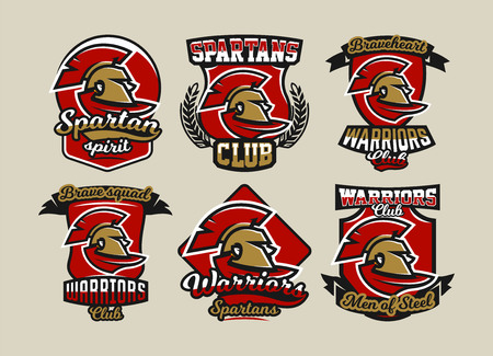 Set of colorful logos, emblems, Spartan helmet and cloak, ancient Greek warrior, a Roman soldier, different fonts, vector illustrationのイラスト素材