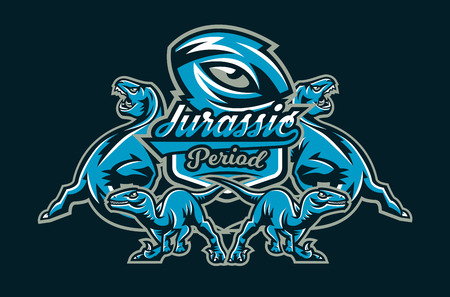Colorful vector illustration of the world of the dinosaurs of the Jurassic period of the Mesozoic era is isolated on a background of the shield. Eye dinosaur, Velociraptor, Tyrannosaurusのイラスト素材